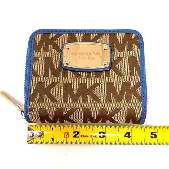 Michael Kors Tan Signature Logo Canvas Blue Leather Zip Around Bifold Wallet - Picture 9 of 10